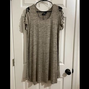 Brown/tan short sleeve knit dress with cut out arm detail
